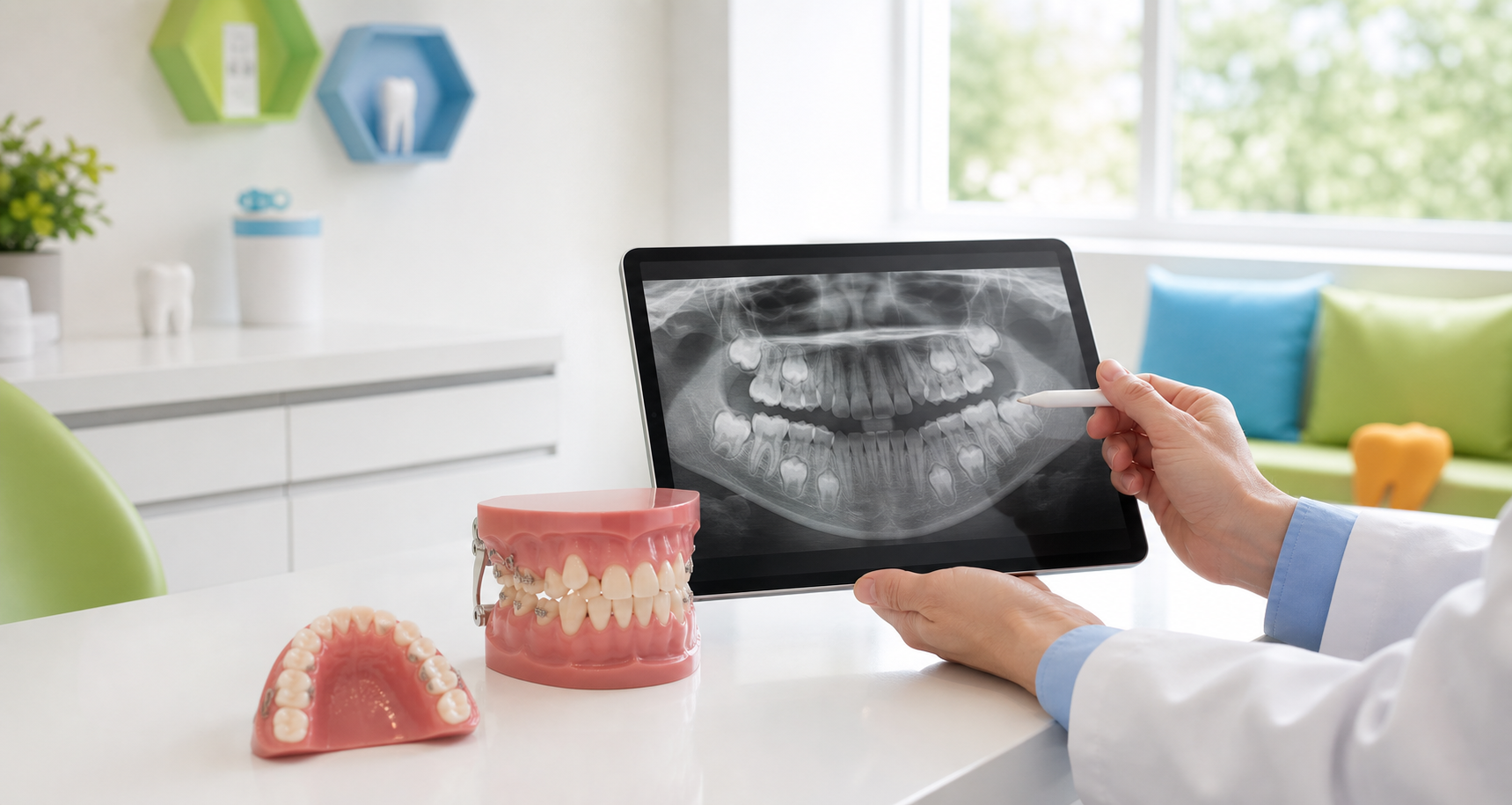 Pediatric dental consultation with radiograph and orthodontic models for canine eruption assessment